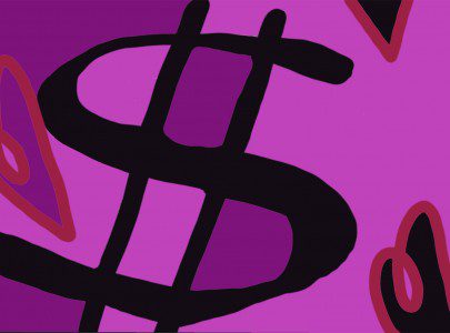 An illustration of a dollar sign on a purple background.