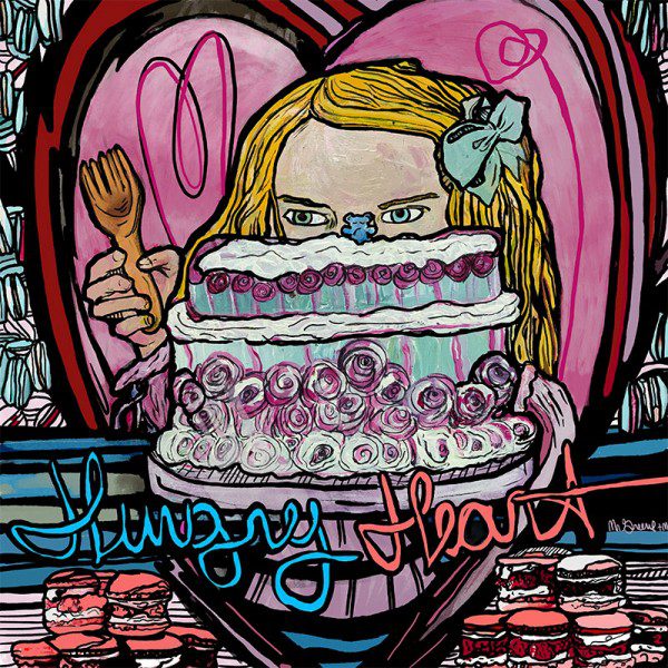 A drawing of a girl holding a cake with the words Hungry Heart Framed Print.