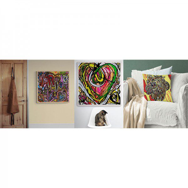 Four pictures of a room with a cat on a bed and an Infinity Heart Framed Print on the wall.