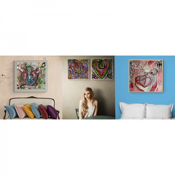 Three pictures of a woman sitting on a bed with an Infinity Heart Framed Print on the wall.