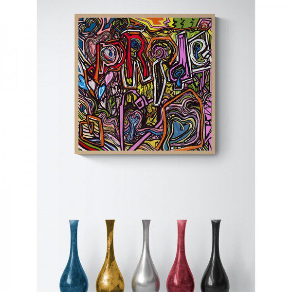 A group of colorful vases and a Pride Heart Framed Print.