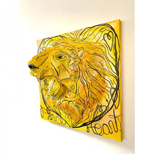 A yellow painting of a lion on a wall.