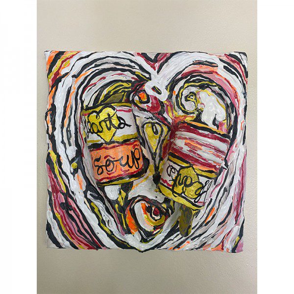 A painting of a Hearts Soup with two cans on it.
