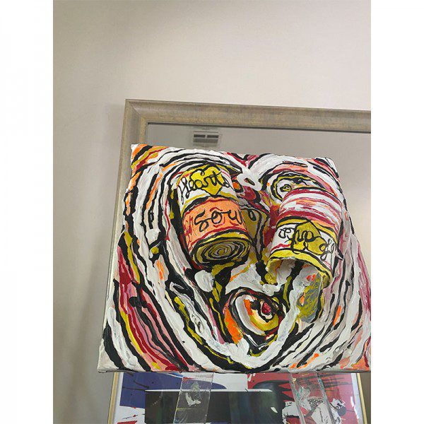 A painting of two Hearts Soup cans on a shelf.