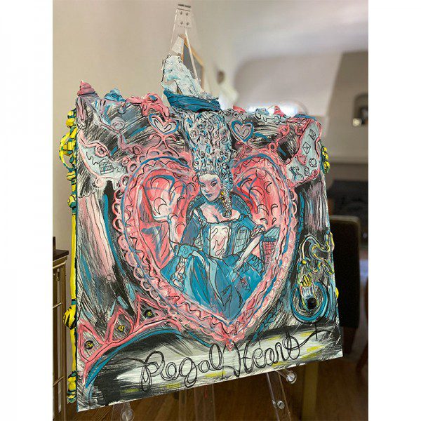 A painting of a woman with a Regal Heart on it.