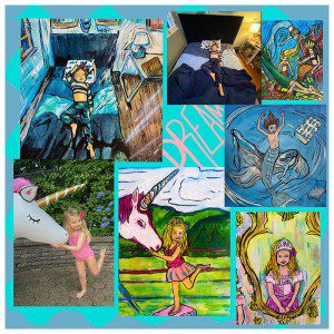 A collage of pictures of a little girl in a bed with a Children's Dream Portrait Painting.