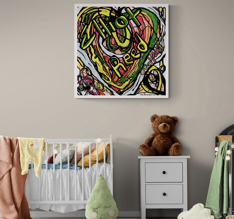 A baby's room with a teddy bear and a painting on the wall.