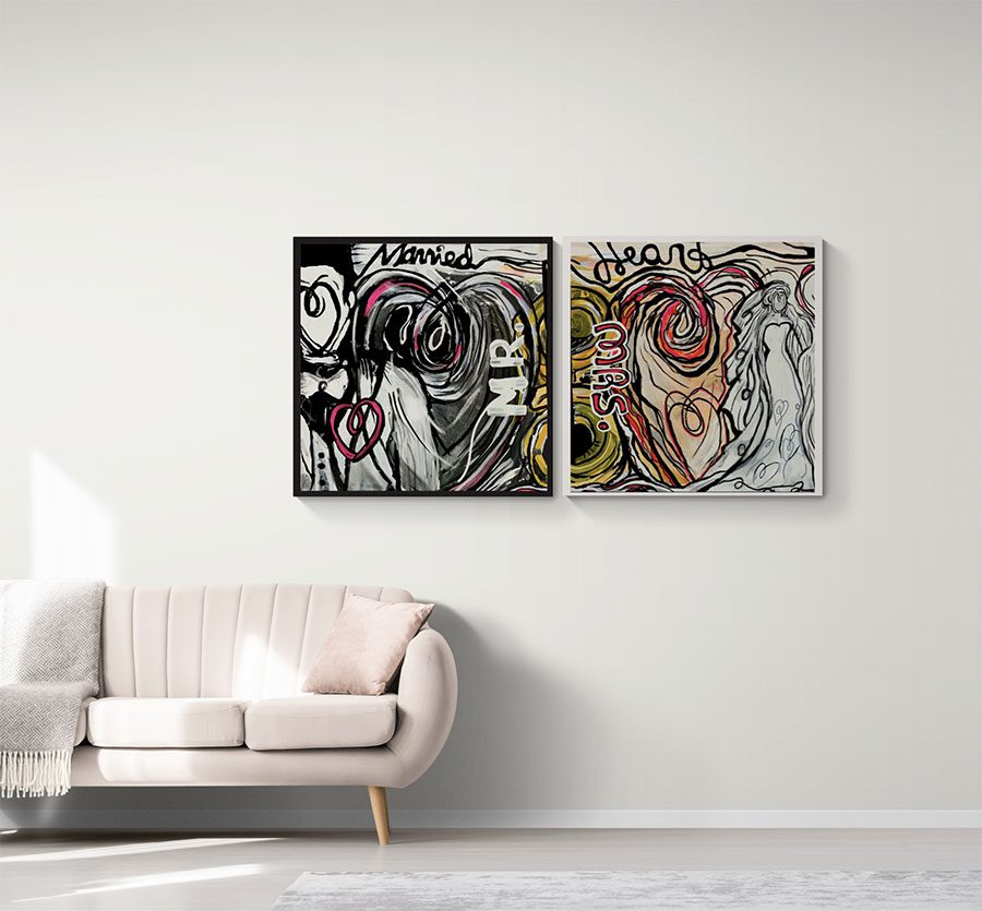 Two abstract paintings hanging above a couch in a living room.