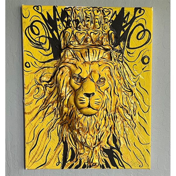A Custom Painting 12 X 14in of a lion with a crown on it.