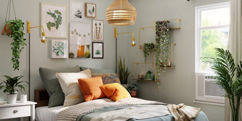 bedroom with framed print artwork