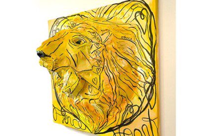 A piece titled Fierce Heart with a lion emerging from the canvas.