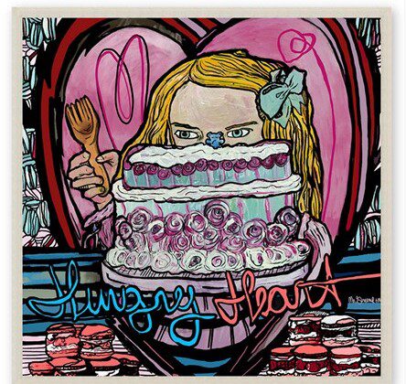 A custom-made art piece titled Hungry Heart depicting a young girl eating a cake.
