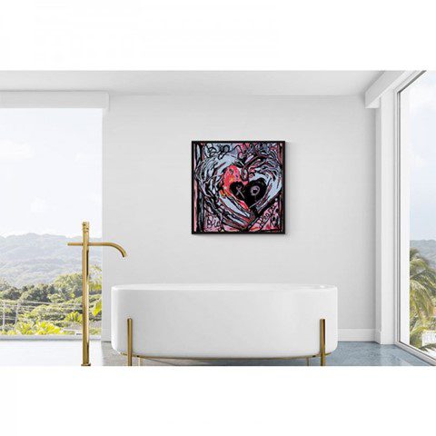 A custom-framed art piece used inside a modern, luxury bathroom.