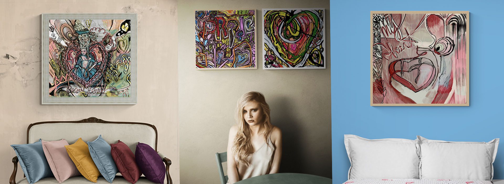 A woman sitting in front of two paintings.