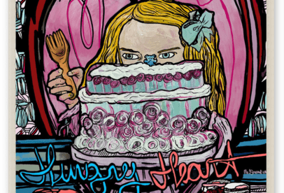 A painting of a girl with a giant cake.