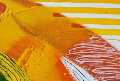A close up of the painting 's yellow and orange colors.